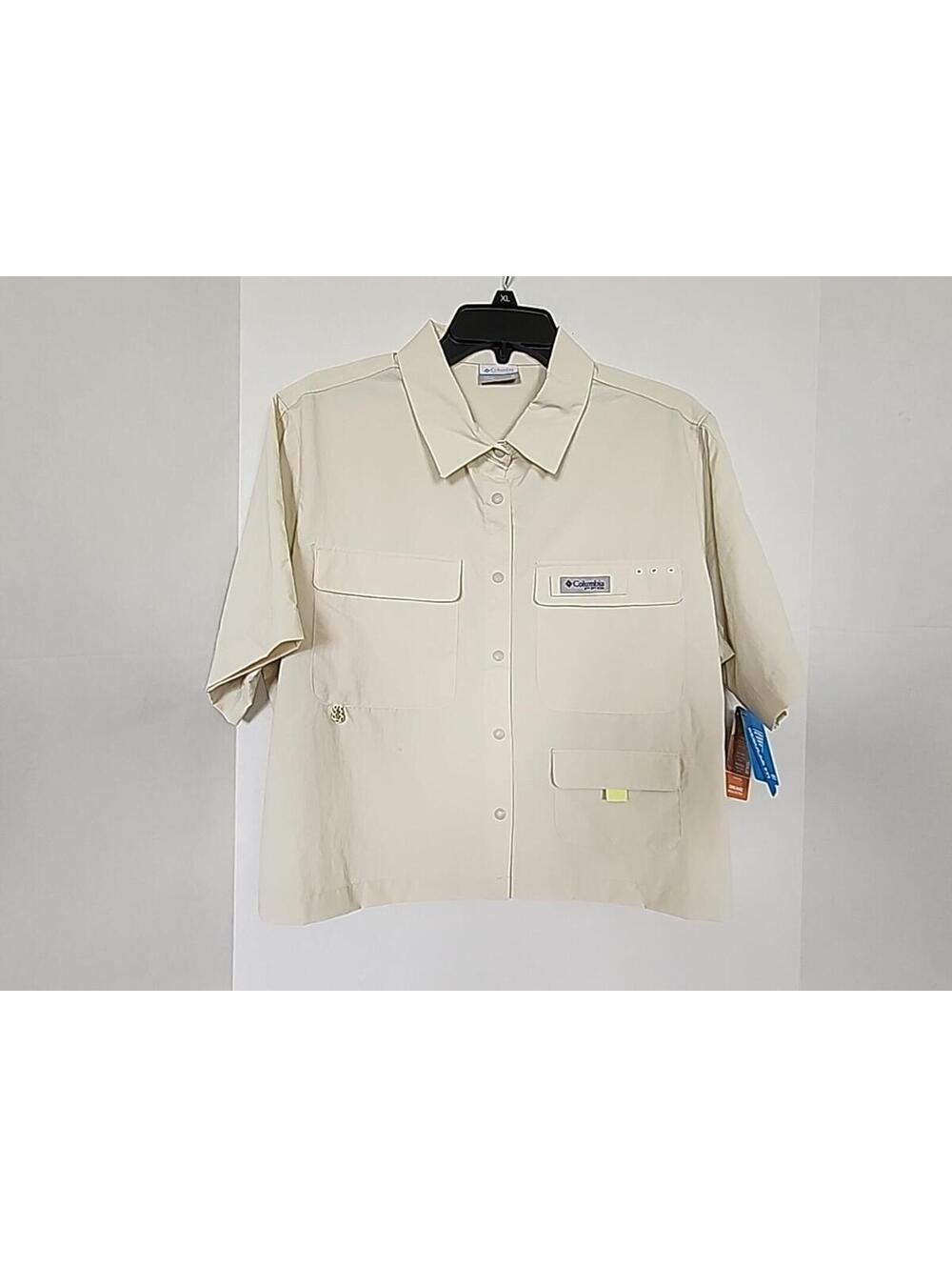Columbia Women PFG Open Water Short Sleeve Shirt Sz XL Tan Beige Pocket Fishing
